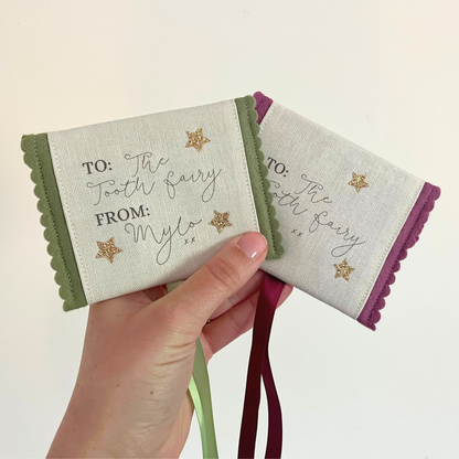 Decorative tooth fairy pouch with personalised text and star designs in multiple colours 