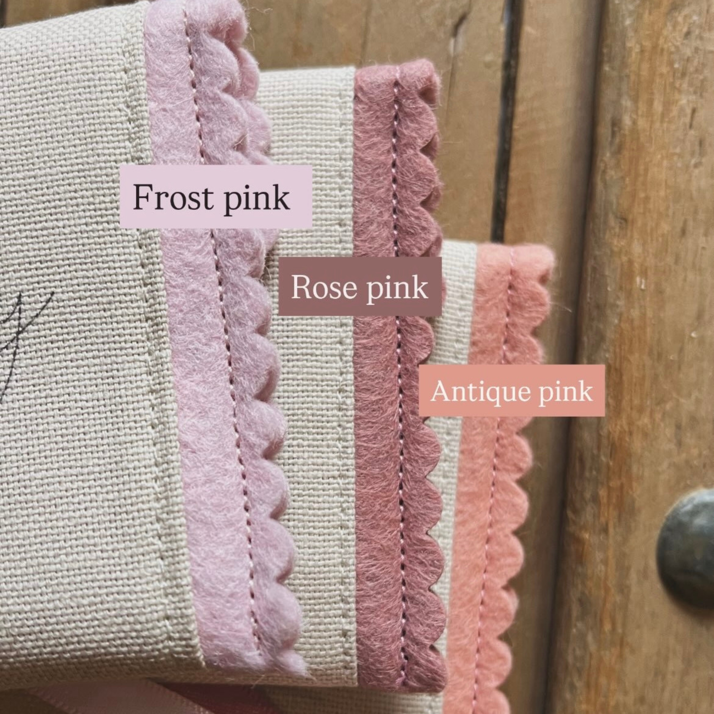 Tooth fairy pouches up close of scalloped edging and to show difference between pink shades. 